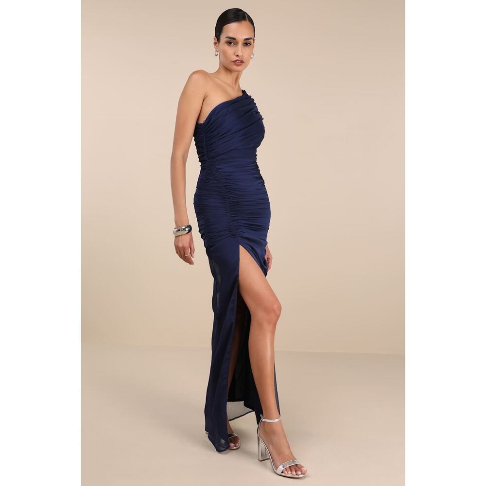 NWT Lulus Kyleah Navy Ruched One-Shoulder Maxi Dress Bridesmaid Banquet Gala XS